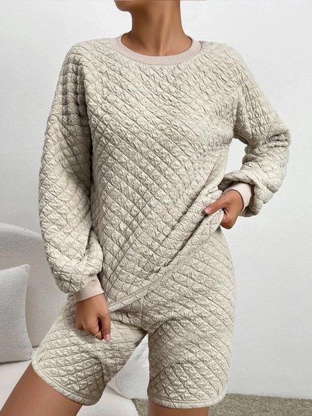 

Casual Crew Neck Knitted Plain Two-Piece Set, Khaki, Suit Set