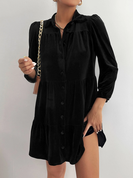 

Velvet Elegant Shawl Collar Dress, Black, Dresses