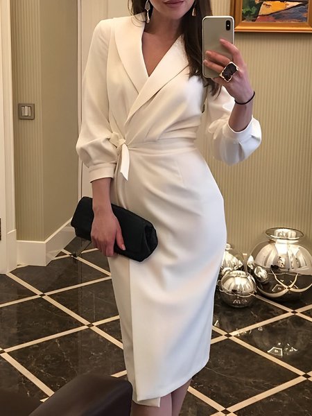 

Regular Fit Elegant Shawl Collar Plain Dress, White, Midi Dresses