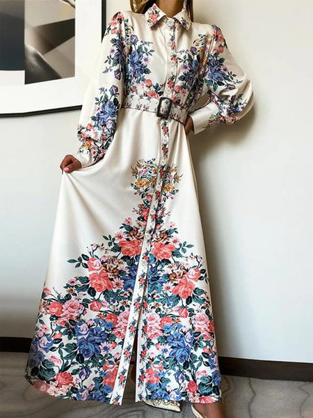 

Floral Regular Fit Shirt Collar Vacation Maxi Dress, Multicolor, Maxi Dresses