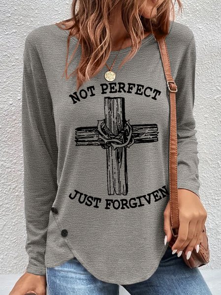 

Women's Not Perfect Just Forgiven Loose Simple Crew Neck Long Sleeve Top, Gray, Long sleeves