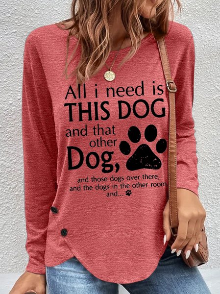 

Women's Funny Dog Text Letters Simple Long Sleeve Top, Pink, Long sleeves