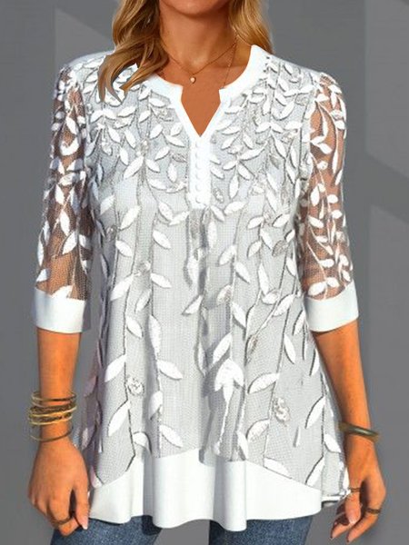 

Regular Fit Elegant Leaf V Neck Mock Two-Piece Tunic, White, Tops