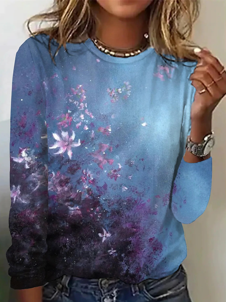 

Loose Crew Neck Casual Floral T-Shirt, Blue, T-Shirts