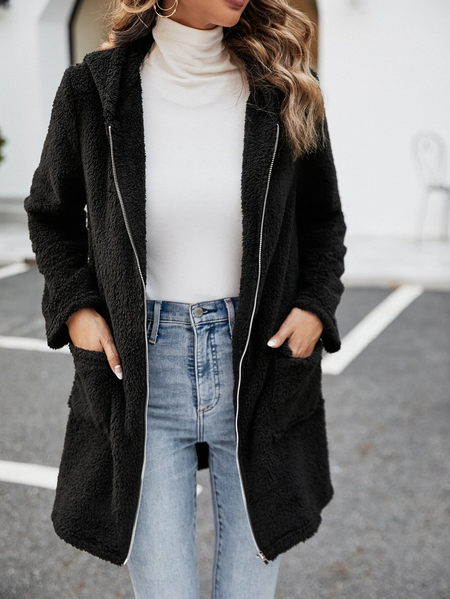 

Casual Hoodie Teddy Jacket, Black, Clothing