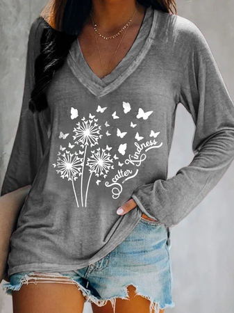 

Casual Floral V Neck Cotton-Blend T-Shirt, Gray, T-Shirts