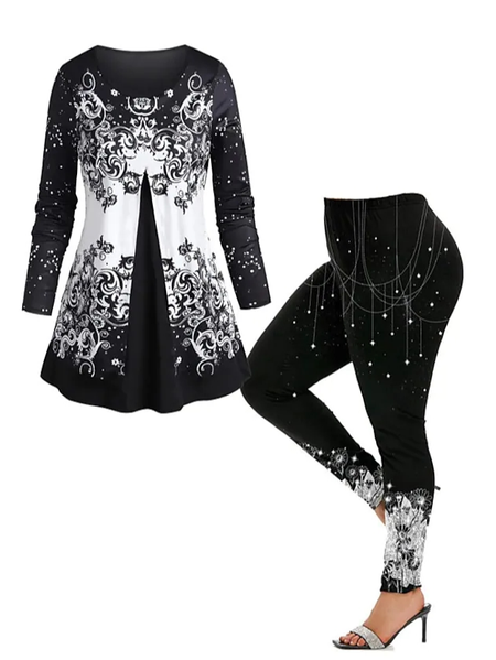 

Floral Crew Neck Casual Loose Two-Piece Set, Black, Suit Set
