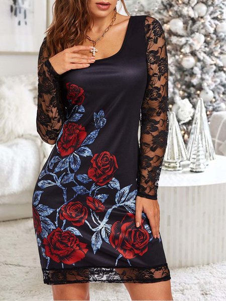 

Gothic Flower Print Lace Insert Bodycon Mini Dress, Black, Dresses