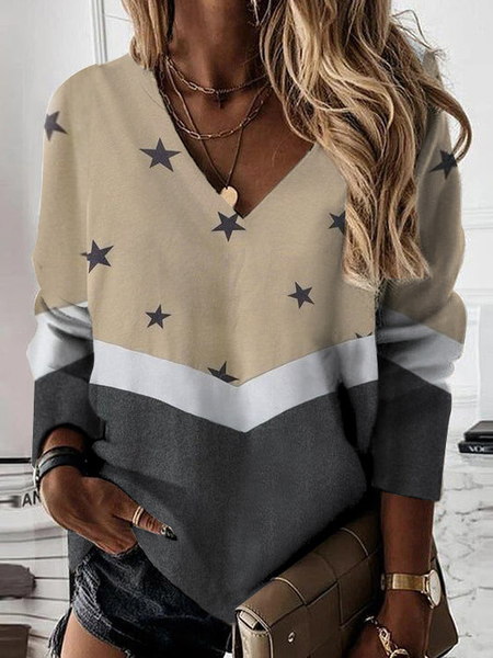 

V Neck Color Block Loose Casual Sweatshirt, Apricot, Sweatshirts & Hoodies