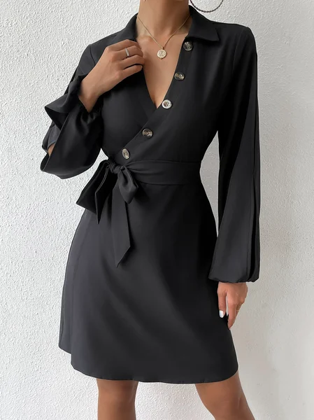 

Surplice Neck Button Detail Split Lantern Sleeve Belted Dress, Black, Dresses