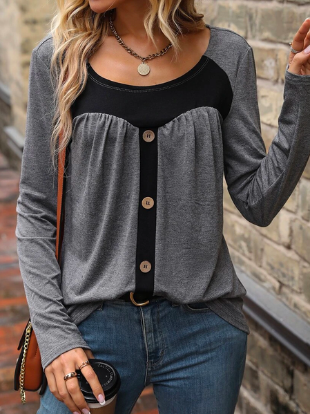

Crew Neck Casual Color Block T-Shirt, Gray, T-Shirts