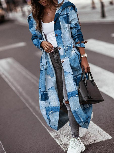 

Denim Look Print Button Front Longline Trench Coat, Blue, Coats