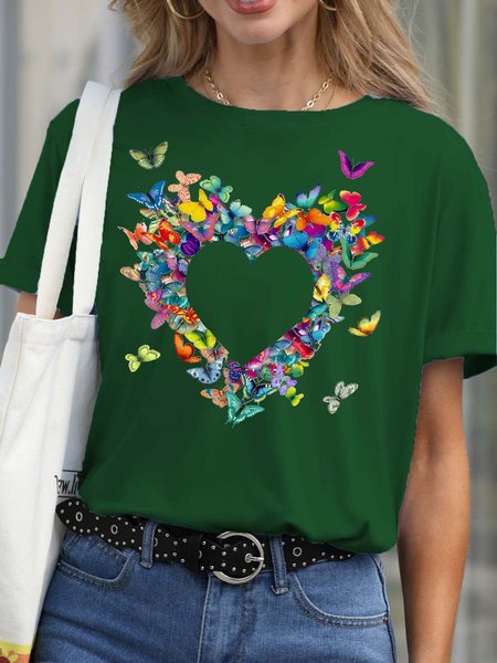 

Women's Butterfly Heart Cotton Casual T-Shirt, Green, T-shirts