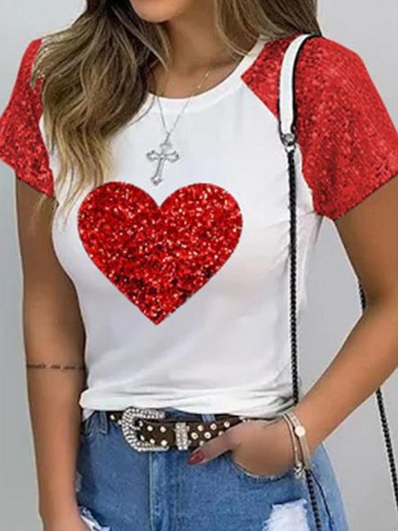 

Beaded Regular Fit Heart/Cordate Casual T-Shirt, White, T-Shirts