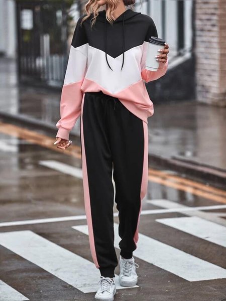 

Colorblock Drawstring Hoodie & Sweatpants, Multicolor, Suit Set