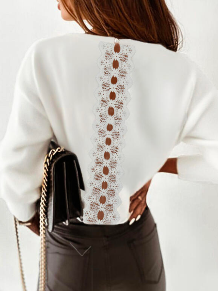 

Crew Neck Loose Plain Lace Casual T-Shirt, White, Tops