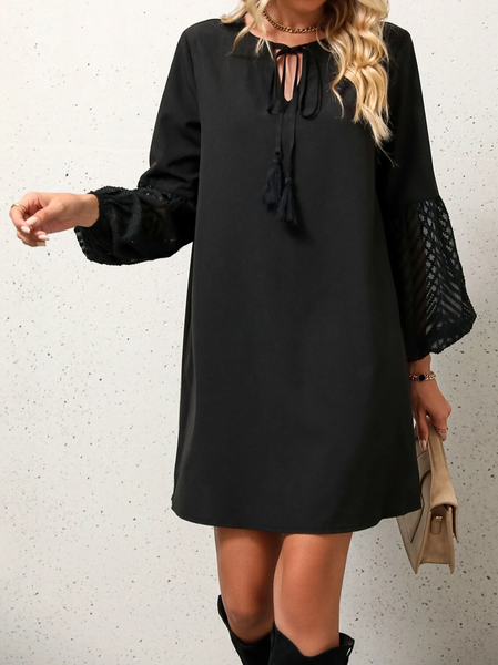 

Plain Cotton-Blend V Neck Casual Regular Fit Dress, Black, Dresses