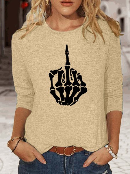 

Women's Skeleton Middle Finger Casual Crew Neck Top, Apricot, Long sleeves