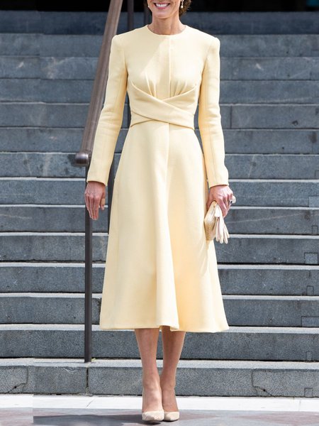 

Plain Elegant Crew Neck Crosse Dress, Light yellow, Midi Dresses