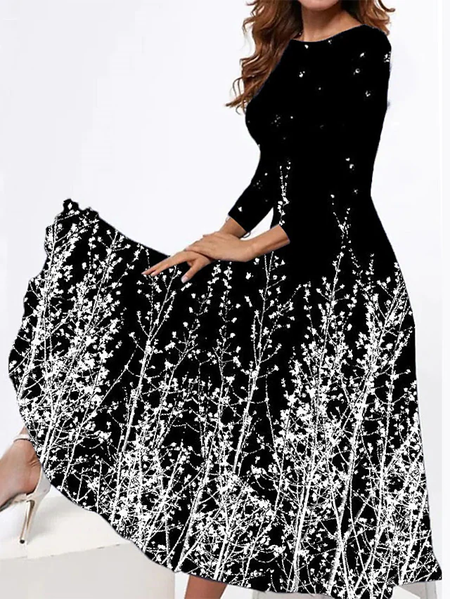 

Knitted Floral Crew Neck Casual Dress, Black, Dresses