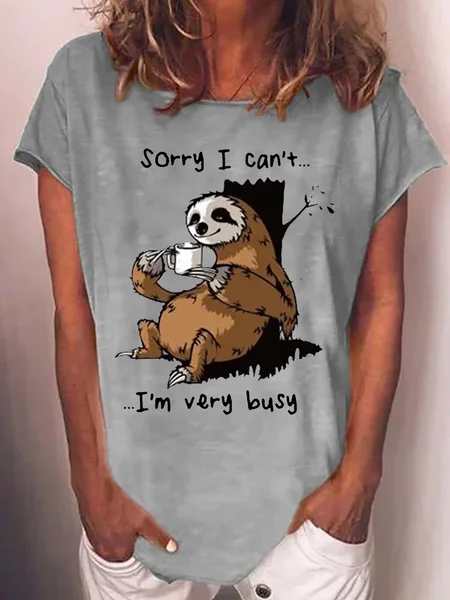 

Women's Funny Sloth Sorry I Can't I'm Very Busy Print Casual T-Shirt, Gray, T-shirts