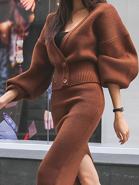 

Elegant Loose Plain Lantern Sleeve Sweater Coat, Brown, Cardigans