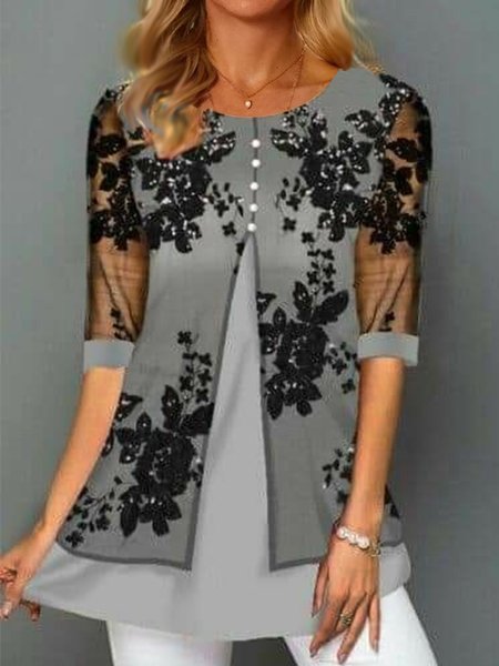 

Lace Lace Color Block Elegant Tunic, Black-grey, Tunics