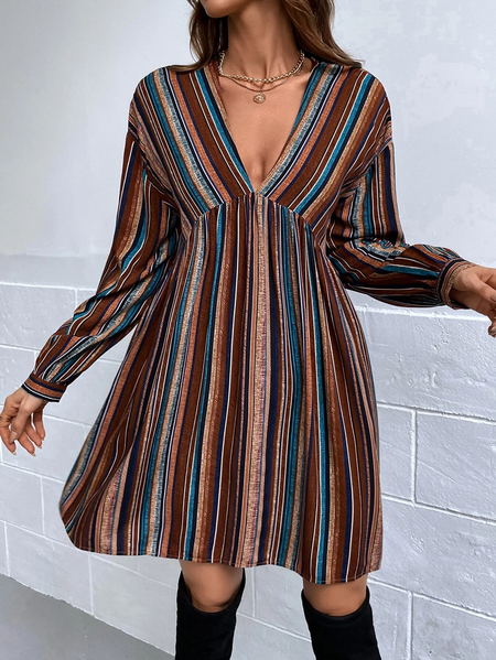 

Casual Striped V Neck Dress, Multicolor, Mini Dresses