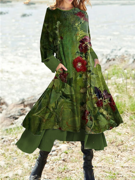 

Crew Neck Loose Casual Floral Dress, Green, Dresses