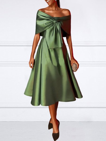 

Plain Elegant Satin Wrap Cocktail Dress, Green, Midi Dresses