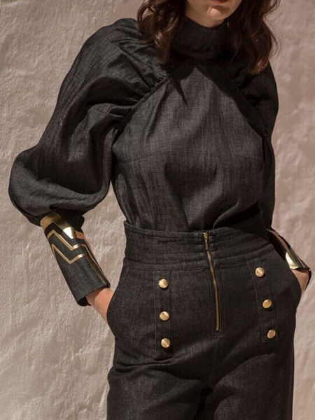 

Elegant Half Turtleneck Regular Fit Geometric Blouse, Black, Blouses and Shirts