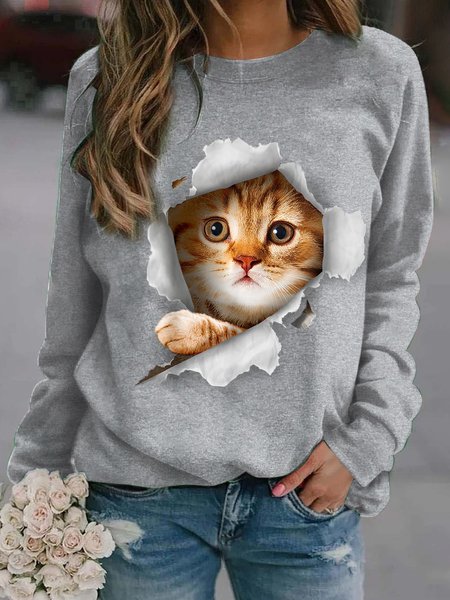 

Crew Neck Regular Fit Cat Casual Sweatshirt, Gray, Sweatshirts & Hoodies