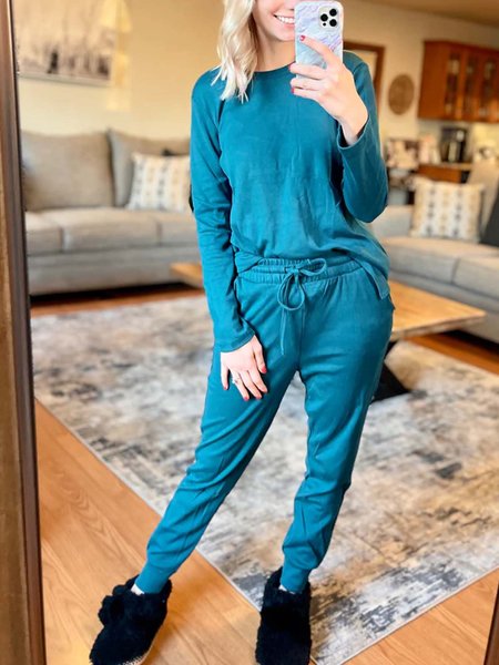

Casual Knitted Crew Neck Loose Two-Piece Set, Cyan, Suit Set
