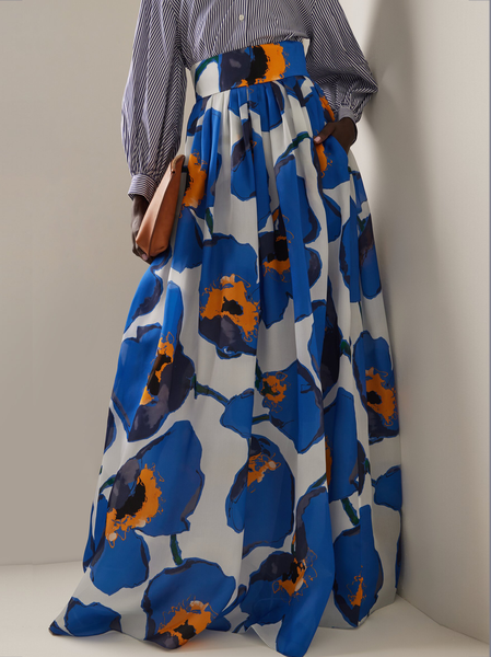 

Printed Silk Ballgown Skirt, Blue, Skirts