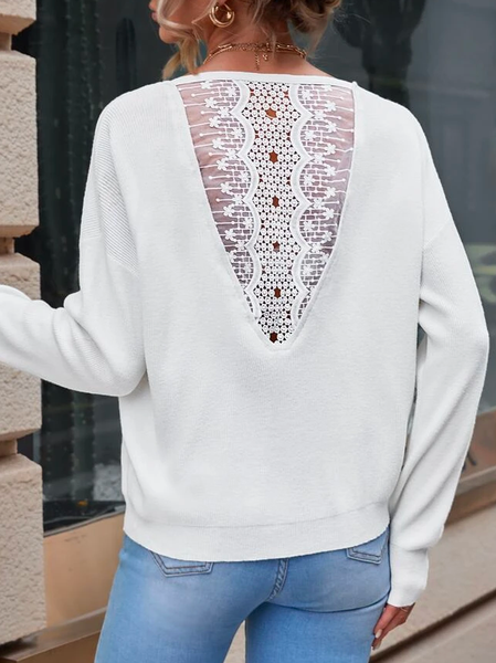 

Casual Lace Loose Plain T-Shirt, White, T-Shirts