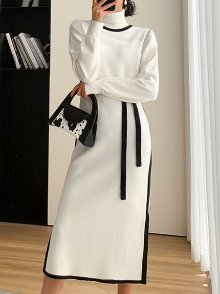

Color Block Urban Long Sleeve Regular Fit Midi Dress, Black-white, Midi Dresses