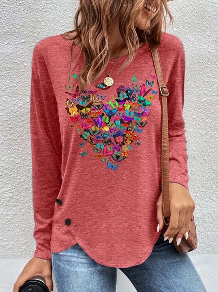 Women's Butterfly Heart Print Casual Top, Red, Long sleeves
