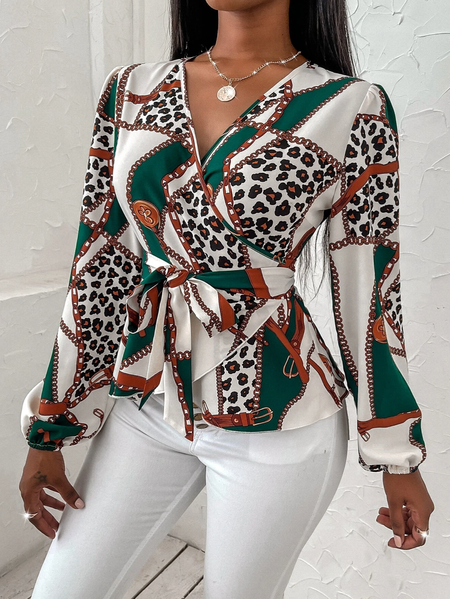 

Chain & Leopard Print Belted Peplum Blouse, Multicolor, Blouses and Shirts