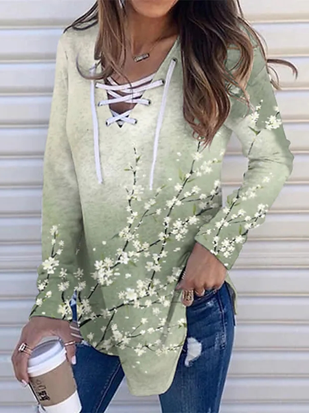 

Floral V Neck Casual Top, Green, Tops