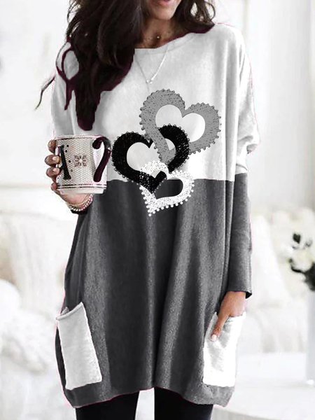 

Loose Crew Neck Color Block Casual Valentine's Day Dress, Gray, Mini Dresses