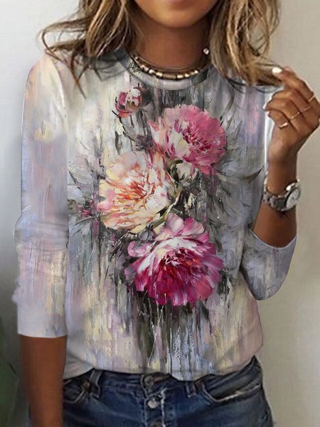 

Floral Knitted Loose Casual T-Shirt, Multicolor, T-Shirts