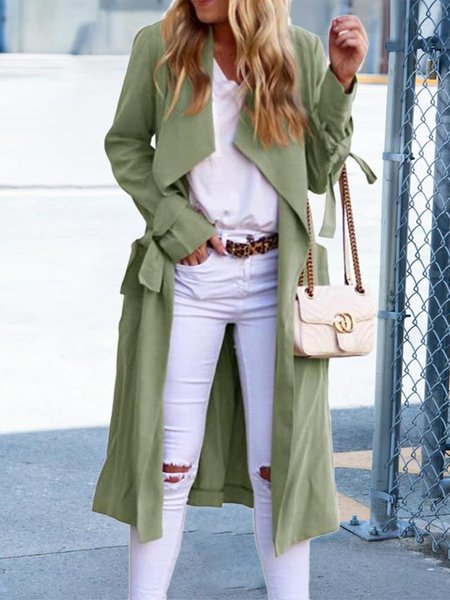 

Plain Waterfall Neck Belted Longline Coat, Green, Trench Coats
