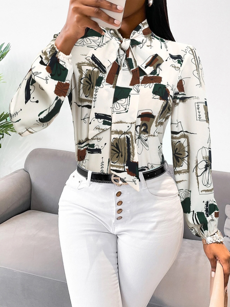 

Painting Elegant Regular Fit Shirt Collar Blouse, White, Blouses and Shirts