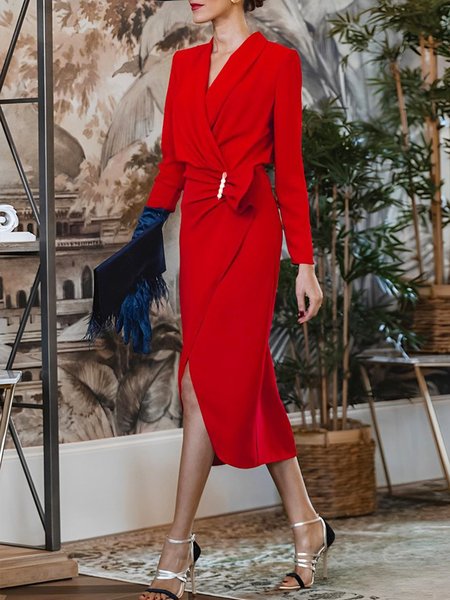 

Elegant Regular Fit Plain V Neck Ruched Party Dress, Red, Midi Dresses