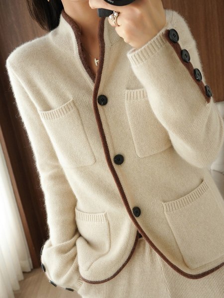 

Stand Collar Urban Color Block Buttoned Sweater Coat, Off white, Cardigans