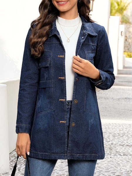 

Denim Blue Pocket Long Sleeve Shirt Collar Jacket, Coats