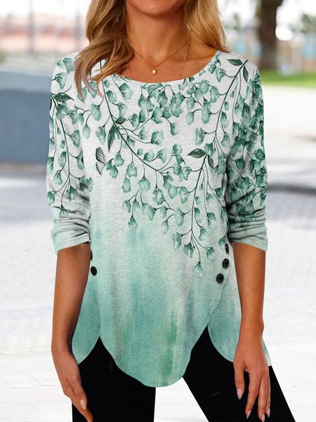

Buttoned Casual Crew Neck Floral Top, Green, Tops