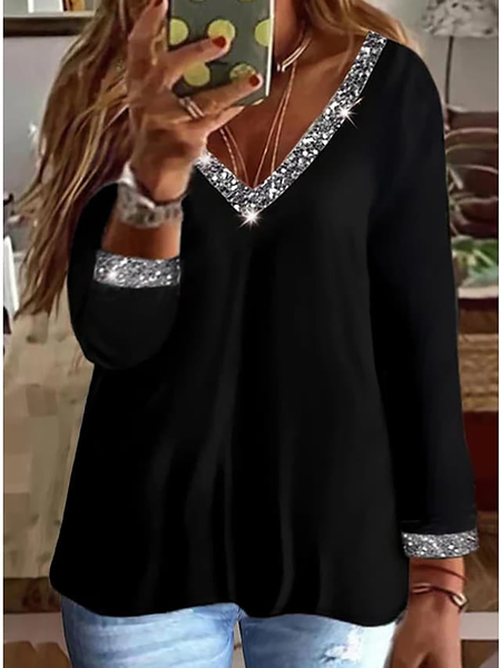 

Plus Size V Neck Glitter Loose Casual T-Shirt, Black, T-Shirts