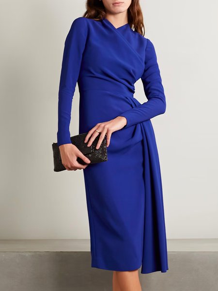 

Regular Fit Elegant Plain Long Sleeve Dress, Blue, Midi Dresses