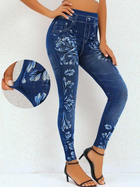 

Floral Print Navy High Waisted Elastic Waist Leggings, Denim blue, Jeans